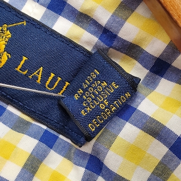 Ralph Lauren Dress Shirt Men M Check Plaid Windowpane Graph Blue Yellow Wht Logo - Picture 7 of 12